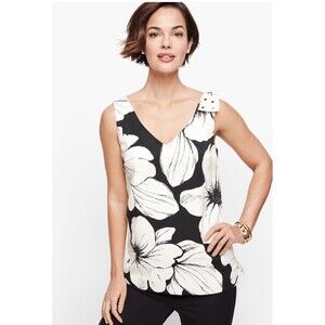 Talbots Black & White Primose Floral V-Neck Shell Tank Top Size 8 NWT